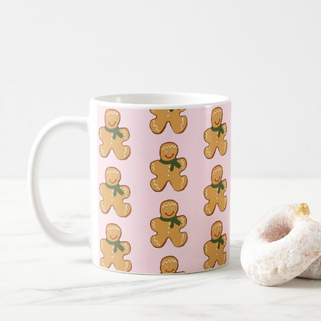Pink Gingerbread Man Cookie Christmas Pattern Coffee Mug (With Donut)