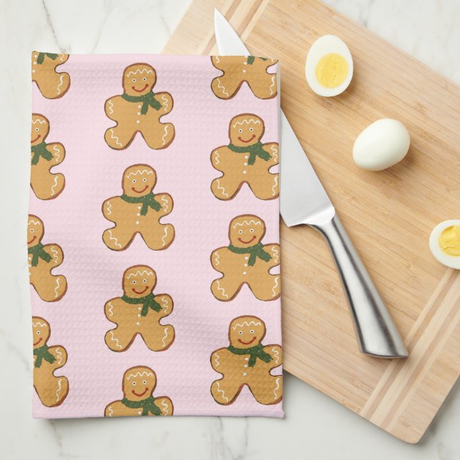 Pink Gingerbread Man Cookie Christmas Pattern Tea Towel (Quarter Fold)