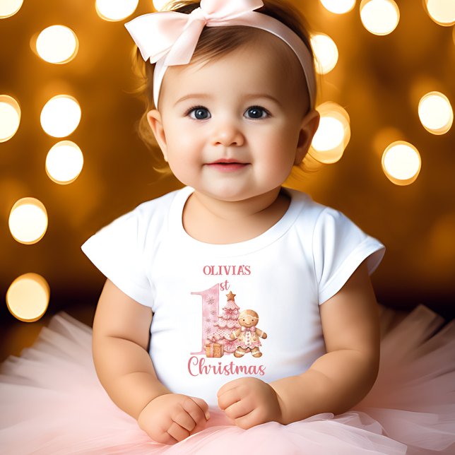 Pink Gingerbread Man Girl Name First Christmas  Baby T-Shirt (Pink Gingerbread Man Girl Name First Christmas Baby T-Shirt)