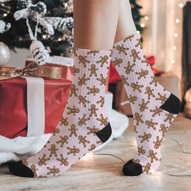 Pink Gingerbread Man Polka Dot Christmas Socks (Creator Uploaded)