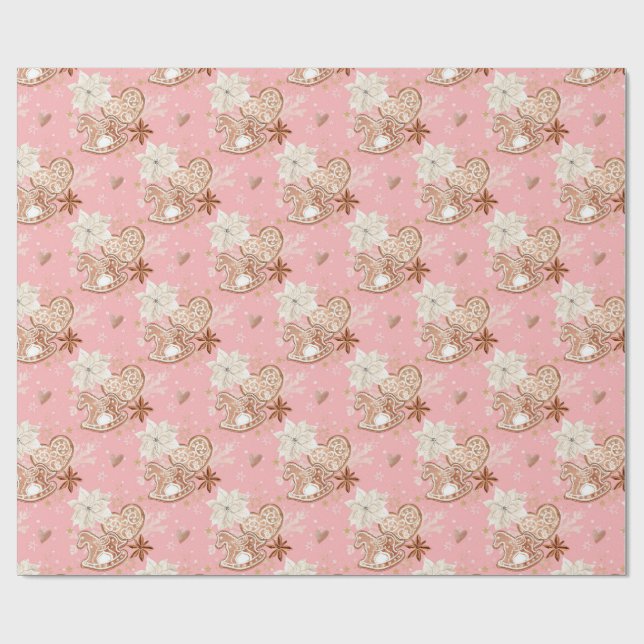 Pink Gingerbread Rocking Horse Christmas Pattern Wrapping Paper (Flat)
