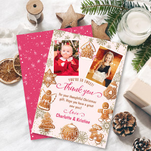 Pink Gingerbread Snow Christmas Party 2 Photo  Thank You Card