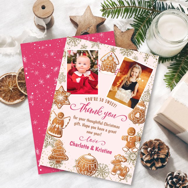 Pink Gingerbread Snow Christmas Party 2 Photo  Thank You Card (Creator Uploaded)