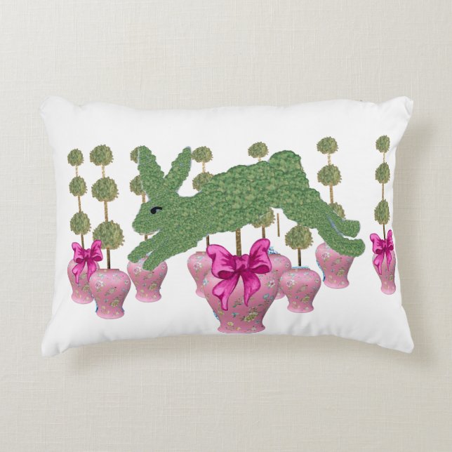 Pink GingerJars jar  Topiary Bunny Rabbit art  Decorative Cushion (Front)