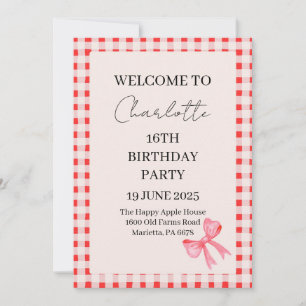 Pink Gingham 16th Birthday Party Invitation