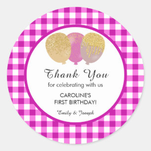 Pink Gingham 1st Birthday Glitter Balloons Favour Classic Round Sticker