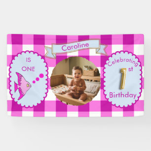 Pink Gingham 1st Birthday Photo Fish Party Banner