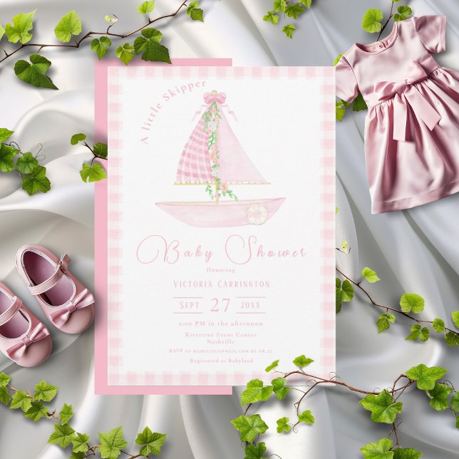 Pink Gingham A Little Skipper Modern Baby Shower Invitation (Creator Uploaded)