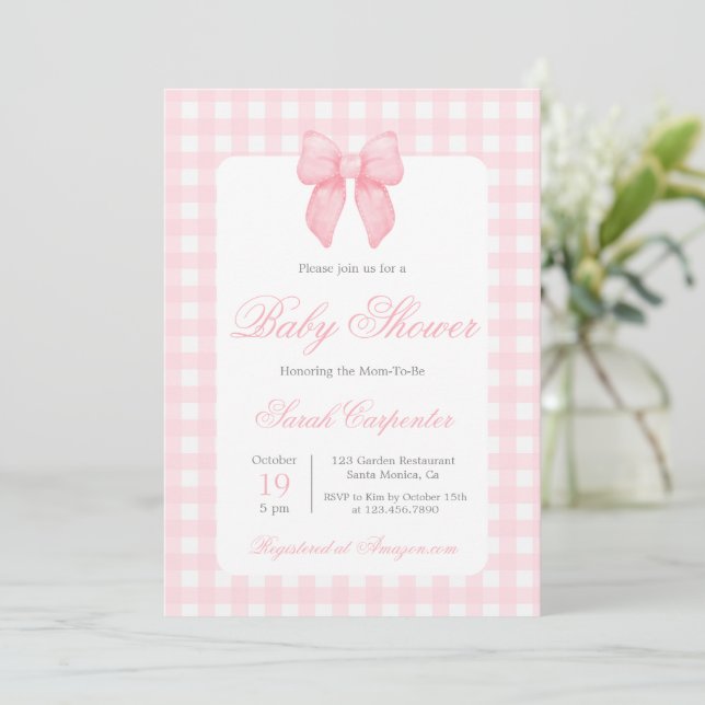 Pink Gingham and Bow Baby Shower Girl Invitation (Standing Front)