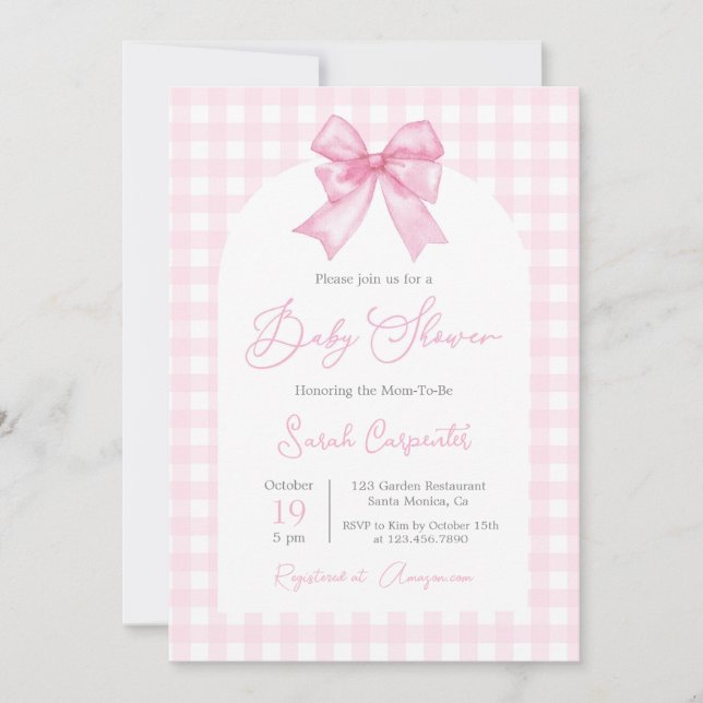Pink Gingham and Bow Baby Shower Girl Invitation (Front)