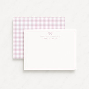 Pink Gingham and bow Nursery Note Card 