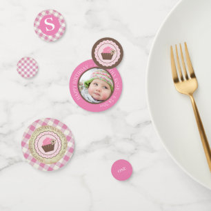 Pink Gingham and Cupcake Birthday Confetti