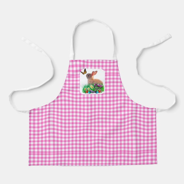 Pink Gingham and Easter Bunny All-Over Print Apron (Front)