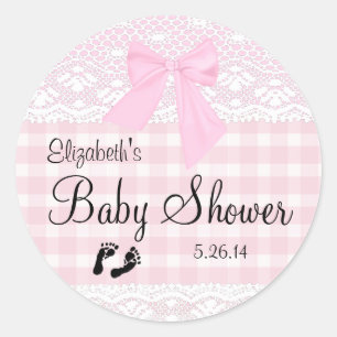 Pink Gingham and Lace Image Baby Shower- Classic Round Sticker