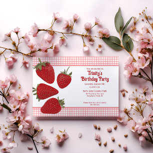 Pink Gingham and Red Strawberries Invitation