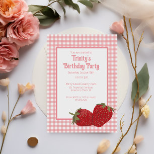 Pink Gingham and Red Strawberries Invitation