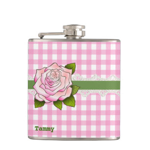 Pink Gingham and Rose Custom Flask