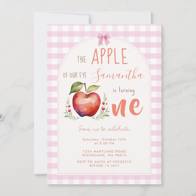 Pink Gingham Apple Watercolor first birthday Invitation (Front)