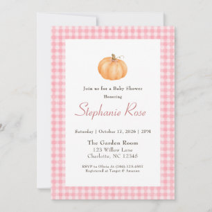 Pink Gingham Autumn Fall Pumpkin Baby Shower Invitation