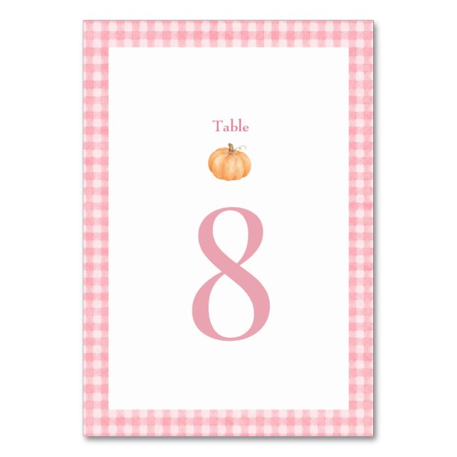 Pink Gingham Autumn Fall Pumpkin Baby Shower Table Number (Front)