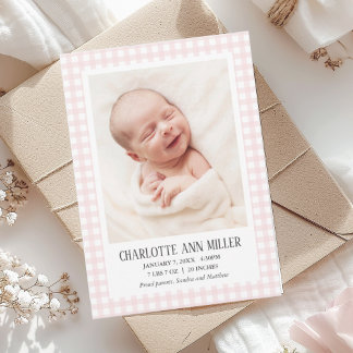 Pink Gingham Baby Birth Announcement Photo Card