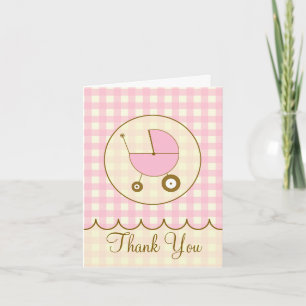 Pink Gingham Baby Carriage Thank You Card