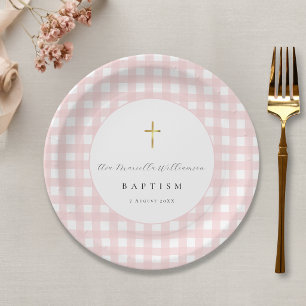 Pink Gingham Baby Girl Baptism Paper Plate