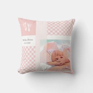 Pink Gingham Baby Photo Birth Announcement Cushion