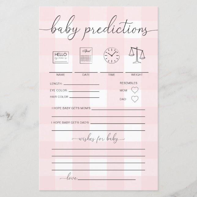 Pink Gingham Baby Predictions Game (Front)