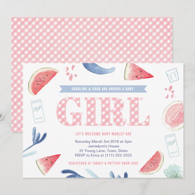 Pink Gingham Baby-q Couples Baby Shower for Girl Invitation (Front/Back)