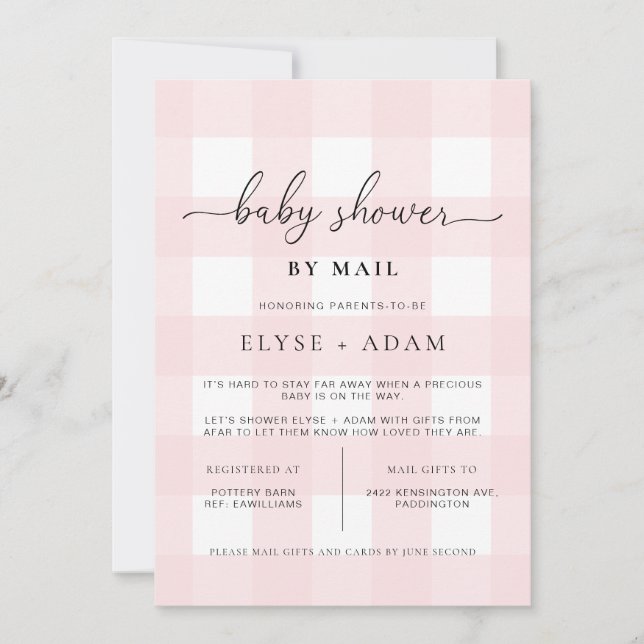 Pink Gingham Baby Shower By Mail Invitation (Front)
