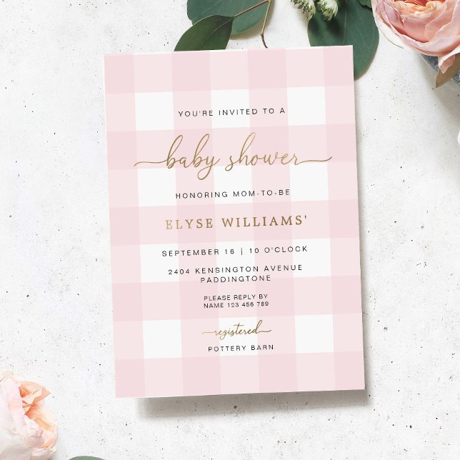 Pink Gingham Baby Shower Foil Invitation (Pink Gingham Girl Baby Shower Invitation Gold Foil)