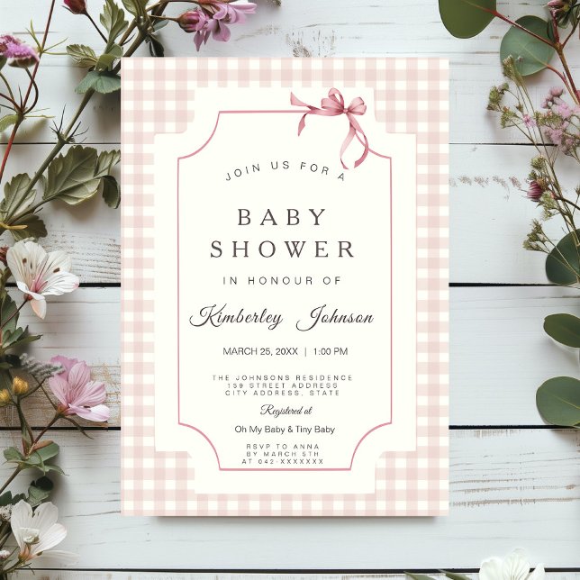 Pink Gingham Baby Shower Invitation with Bow (Creator Uploaded)