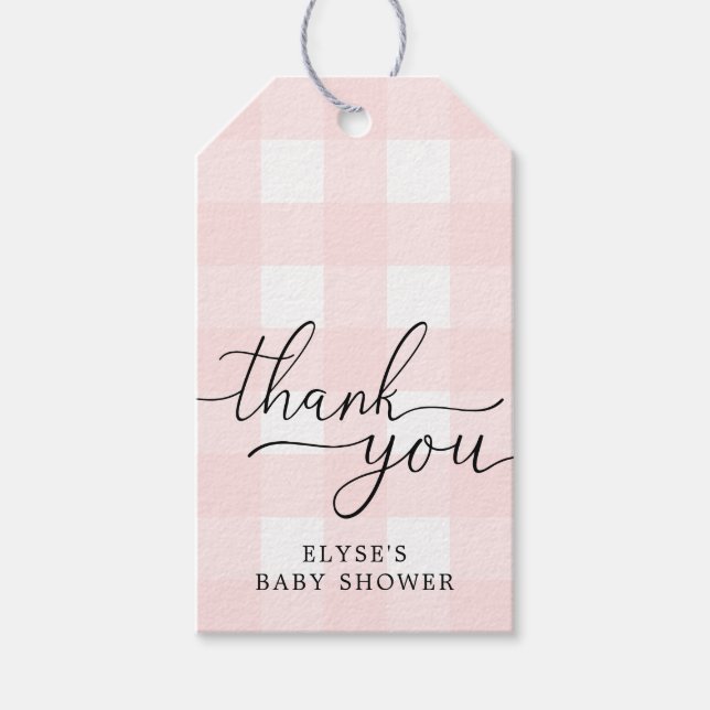 Pink Gingham Baby Shower Thank You Favour Tag (Front)