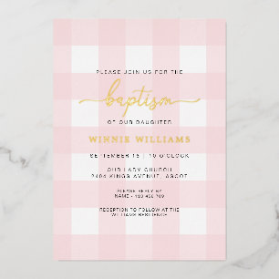 Pink Gingham Baptism Gold Foil Invitation