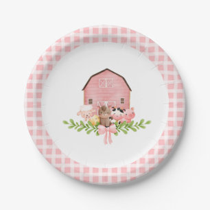 Pink Gingham Barnyard Birthday Paper Plates