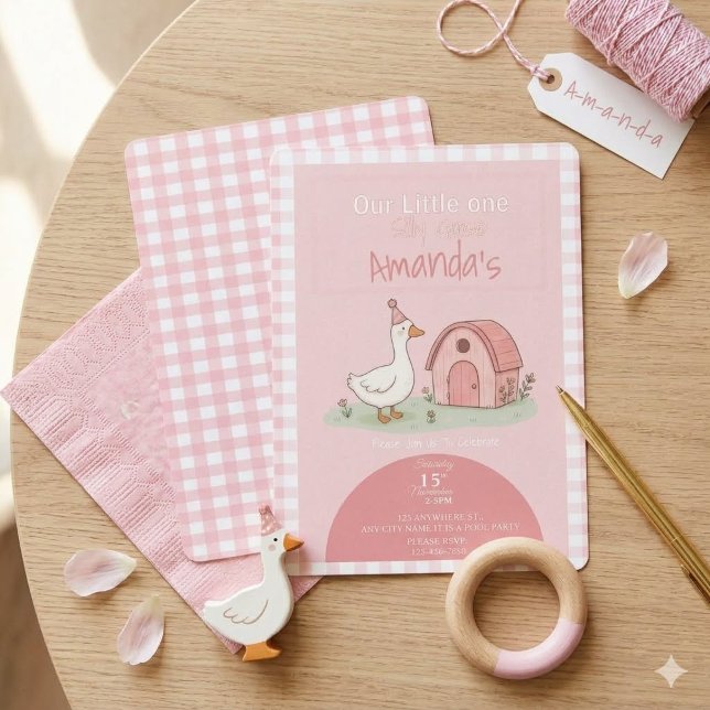 Pink Gingham Barnyard Kids Birthday Invitation (Creator Uploaded)