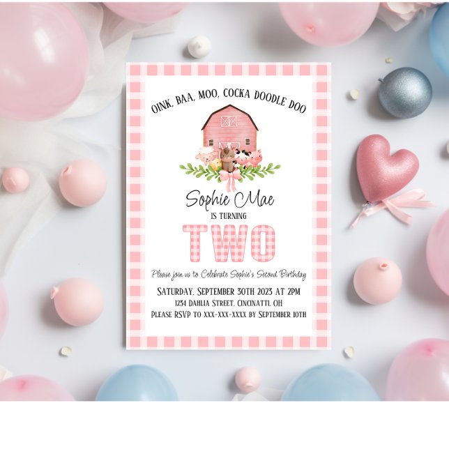 Pink Gingham Barnyard Second Birthday Invitation (Creator Uploaded)