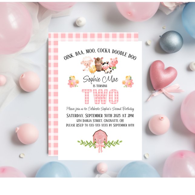 Pink Gingham Barnyard Second Birthday Invitation (Creator Uploaded)