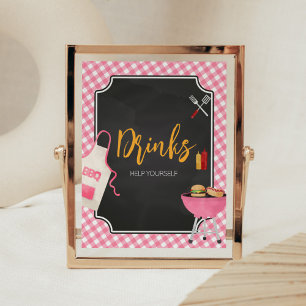 Pink Gingham BBQ Baby Shower Drinks Sign