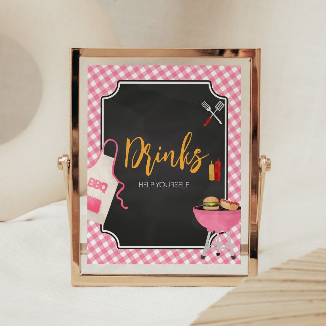 Pink Gingham BBQ Baby Shower Drinks Sign (Girl Baby-Q Baby Shower Drinks Sign)