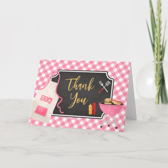 Pink Gingham BBQ Baby Shower  Thank You Card (Front)