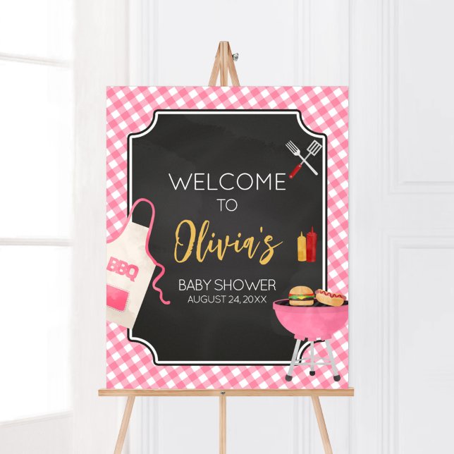 Pink Gingham BBQ Baby Shower Welcome Poster (Girl Baby-Q Baby Shower Welcome Sign)