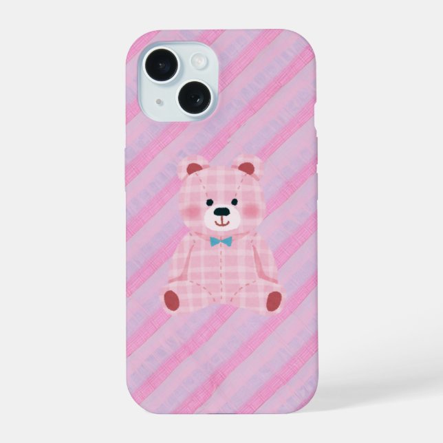 Pink Gingham Bear and Diagonal Stripes Phone Case (Back)