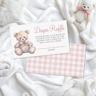 Pink Gingham Bear Baby Shower Diaper Raffle Enclosure Card