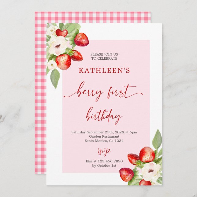Pink Gingham Berry First Birthday Girl Invitation (Front/Back)