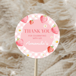 Pink Gingham Berry First Birthday Party Classic Round Sticker