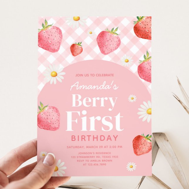 Pink Gingham Berry First Birthday Party Invitation (Pink Gingham Strawberry Berry Birthday Party Invitation)