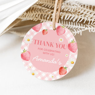 Pink Gingham Berry First Birthday Party Round Favour Tags