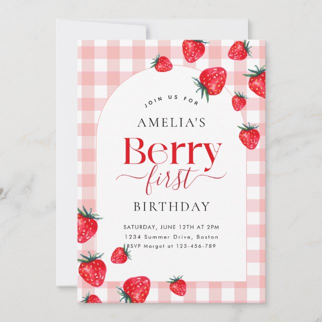 Pink Gingham Berry First Birthday Strawberry Girl Invitation (Front)